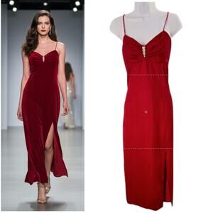 Vintage Y2K Red Velvet Formal Maxi Dress Sz 11/12 Form Fitting Elegant Glamorous